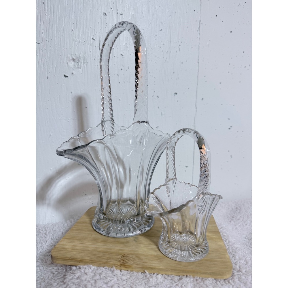 Vintage Clear Pressed Glass Basket Set Scalloped Edge Sunburst Base 2 Piece